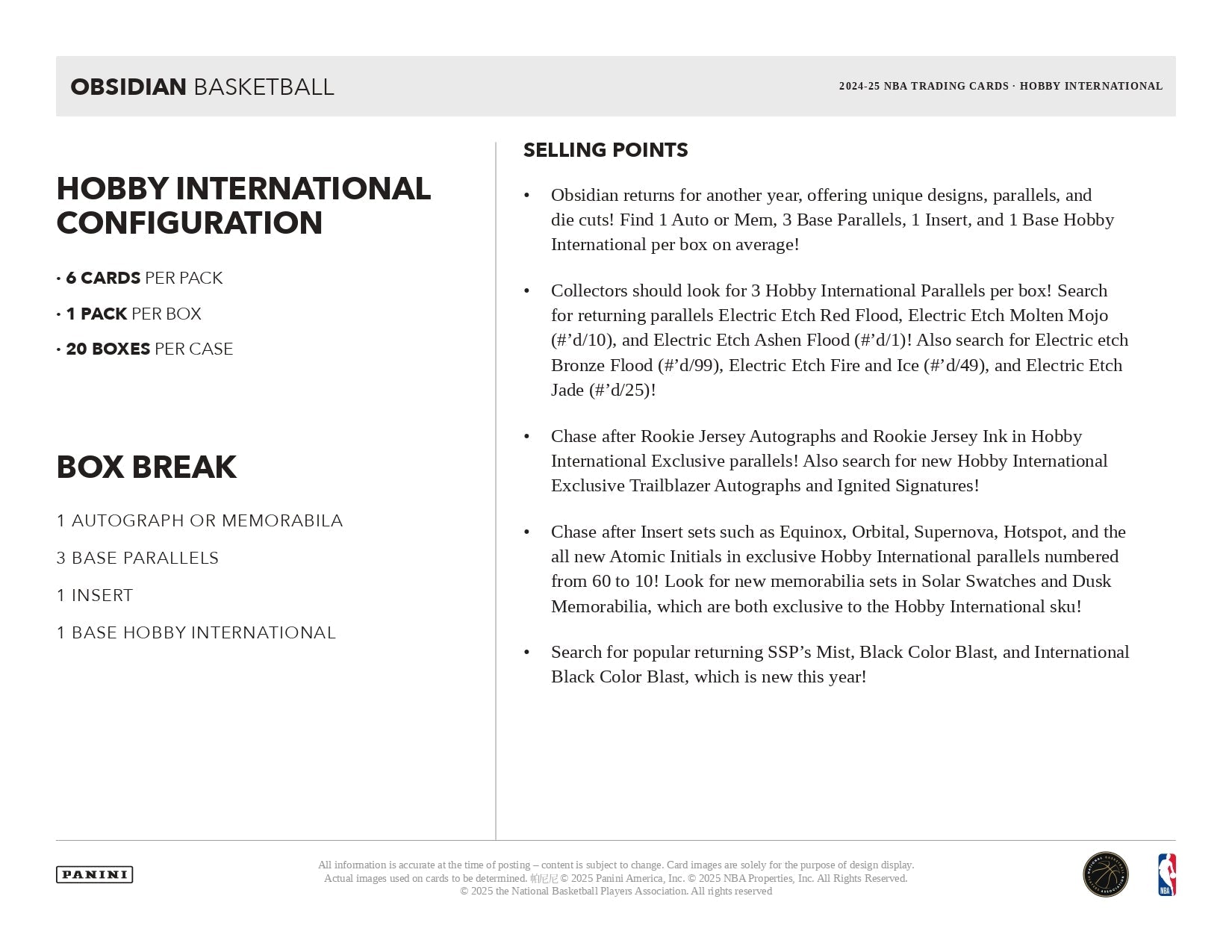 2024 - 25 Panini Obsidian Basketball International Hobby Box 746134179440 at King Card Canada