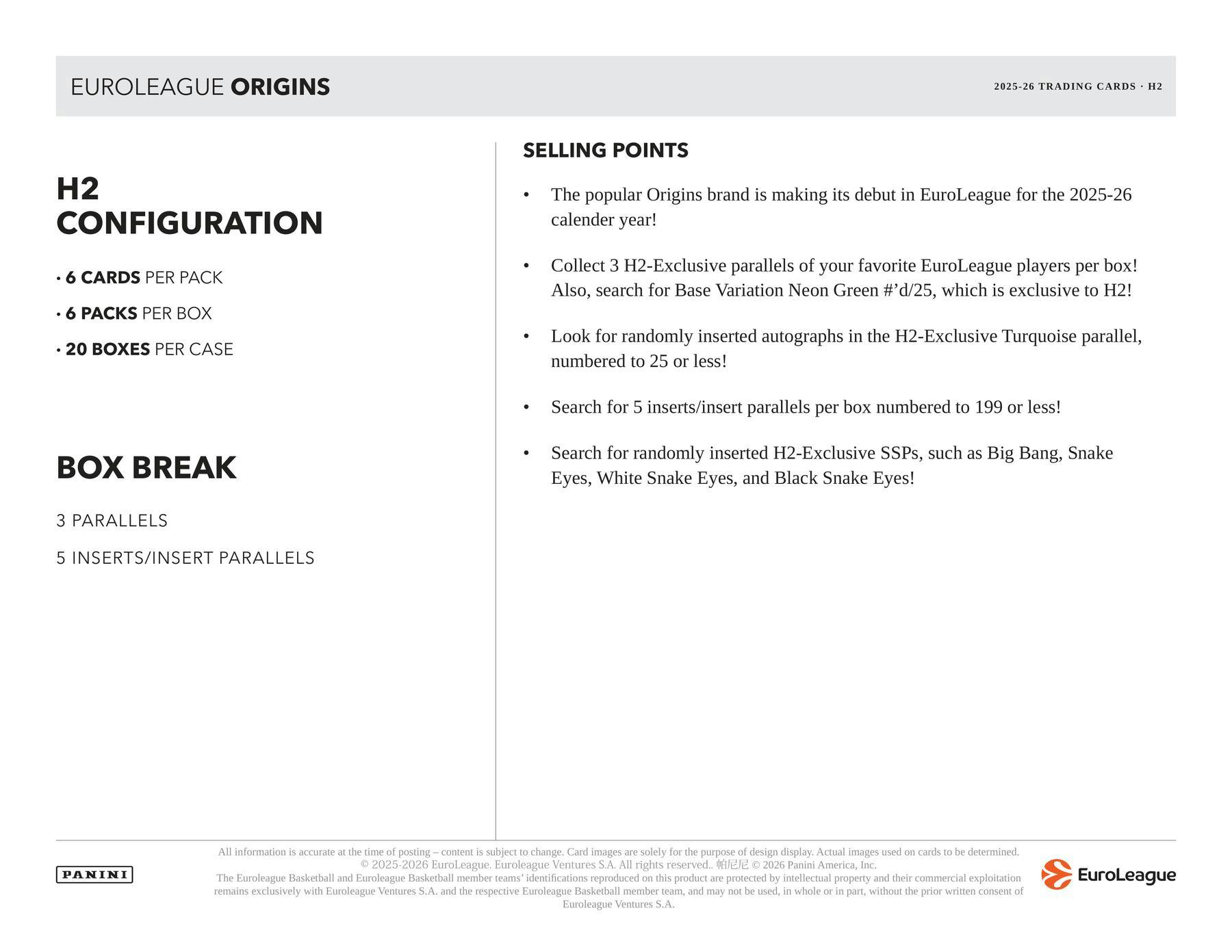 2025-26 Panini Origins EuroLeague Basketball H2 Hybrid Box 746134195525 at King Card Canada