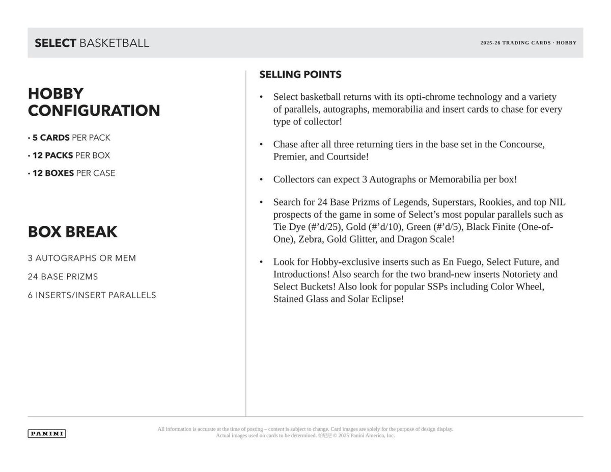 2025-26 Panini Select Basketball hobby configuration and box break: 3 autos or memorabilia, 24 base Prizms