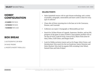 2025-26 Panini Select Basketball hobby configuration and box break: 3 autos or memorabilia, 24 base Prizms