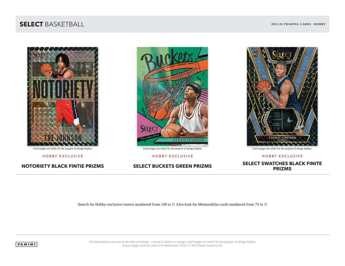 2025-26 Select Basketball Notoriety Black Finite, Select Buckets Green and Select Swatches Black Finite cards