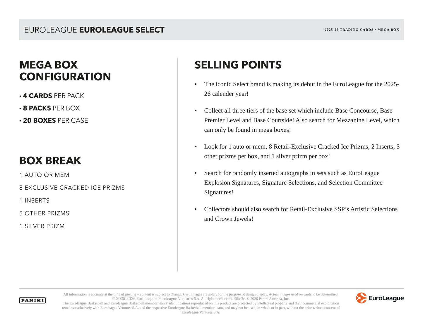 2025-26 Panini Select EuroLeague Basketball Mega Box 746134195587 at King Card Canada