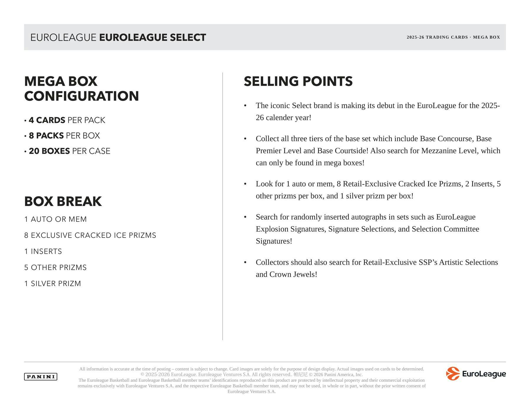 2025-26 Panini Select EuroLeague Basketball Mega Box 746134195587 at King Card Canada