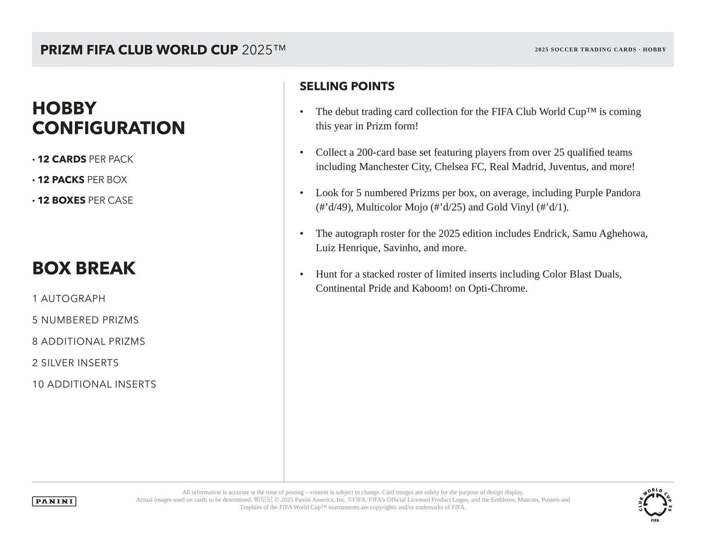 2025 Panini Prizm FIFA Club World Cup Soccer Hobby Box 746134178047 at King Card Canada