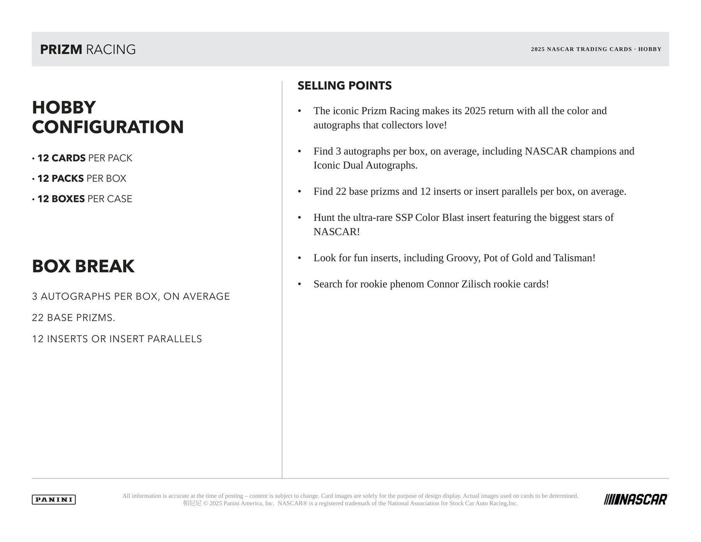 2025 Panini Prizm NASCAR Racing Hobby Box 746134183027 at King Card Canada