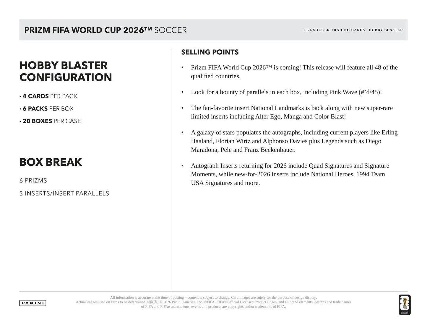 2026 Panini Prizm FIFA World Cup Soccer Hobby Blaster Box 746134202490 at King Card Canada