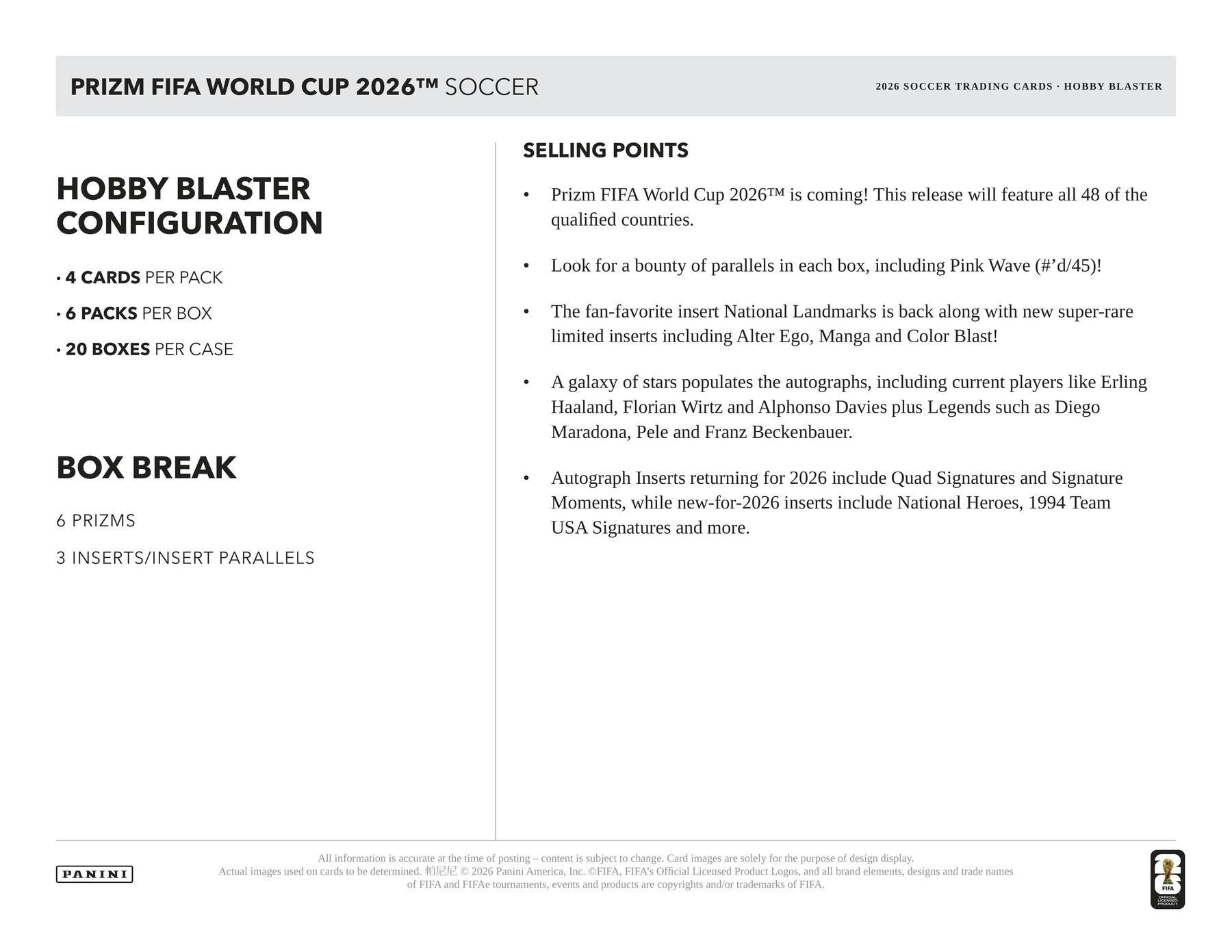 2026 Panini Prizm FIFA World Cup Soccer Hobby Blaster Box 746134202490 at King Card Canada
