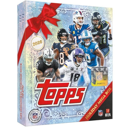 2026 Topps Holiday Football Mega Box with red ribbon artwork and NFL stars on the front
