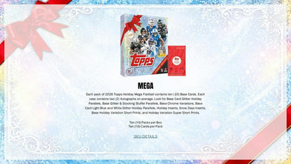 2026 Topps Holiday Football Mega Box configuration sheet showing the box and pack contents
