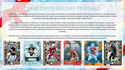 2026 Topps Holiday Football sell sheet overview with sample holiday-themed base and insert cards
