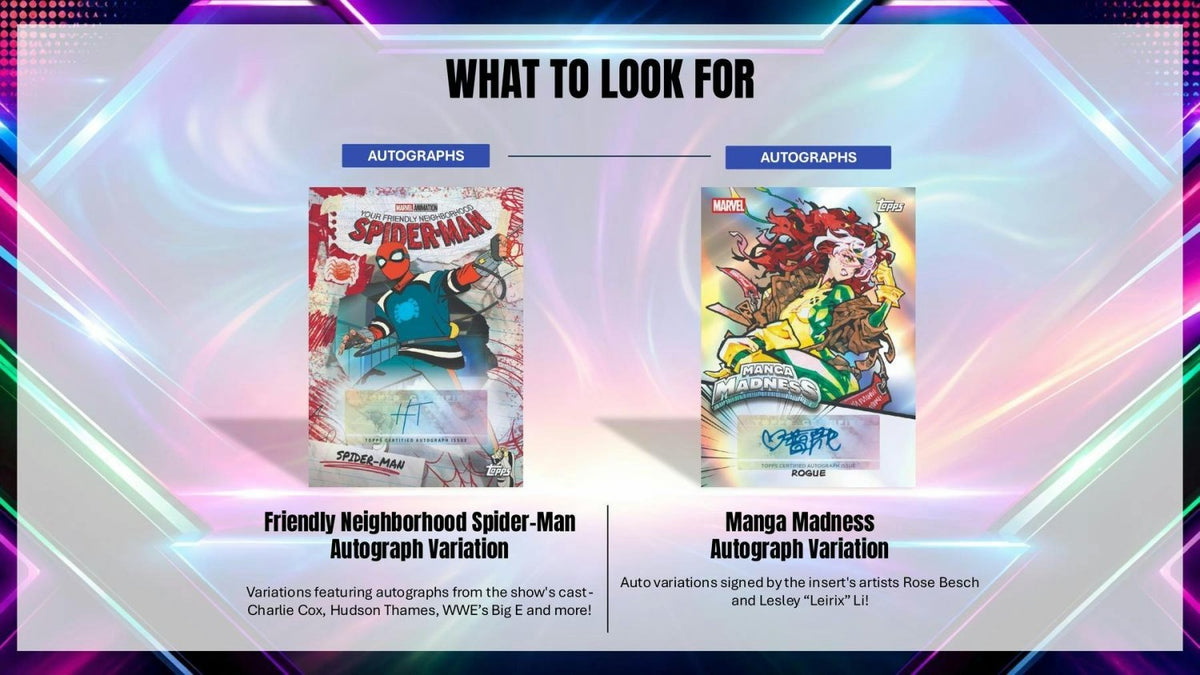 2026 Topps Neon Marvel Friendly Neighborhood Spider-Man and Manga Madness autograph variations