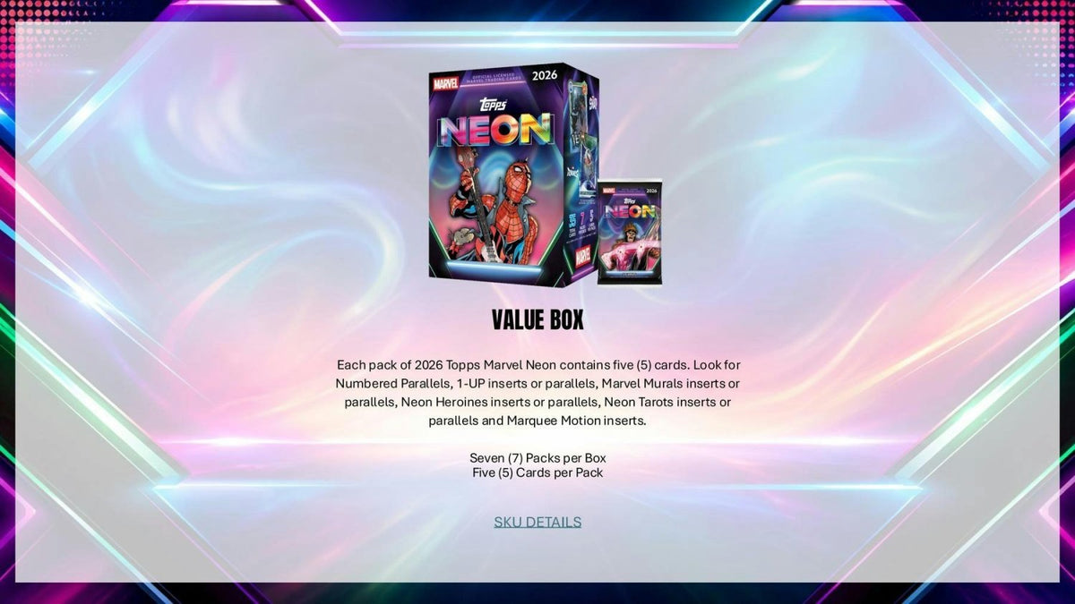 2026 Topps Neon Marvel Value Box configuration sheet with pack and card counts