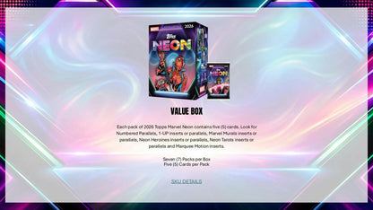 2026 Topps Neon Marvel Value Box configuration sheet with pack and card counts