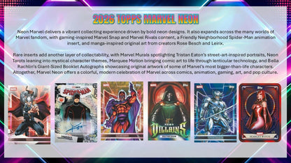 2026 Topps Neon Marvel overview sell sheet with sample hero and villain cards