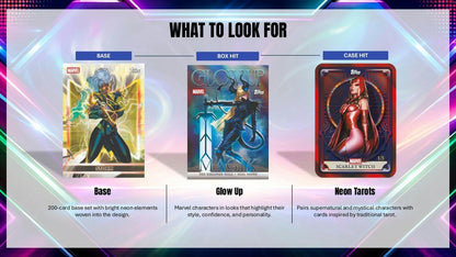 2026 Topps Neon Marvel base card, Glow Up box hit and Neon Tarots case hit samples